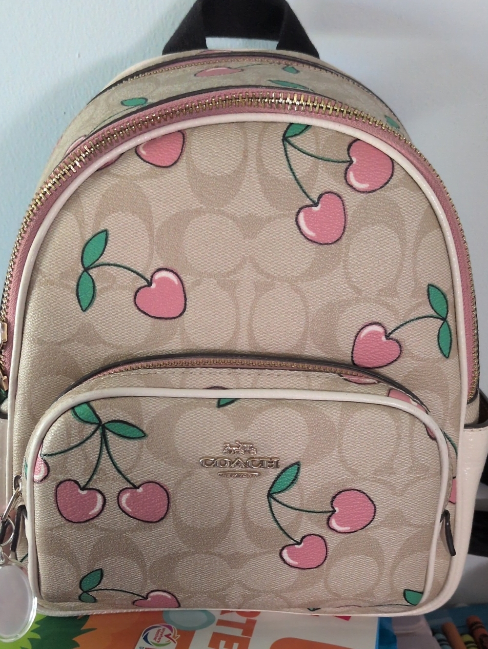Coach Beige Cherry Print Mini Backpack with Pink Accents